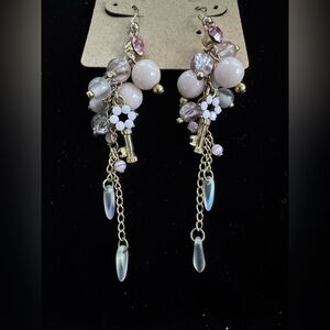 Gold and Pink Beaded Floral Dangle Drop Elegant Classic NEW Earrings